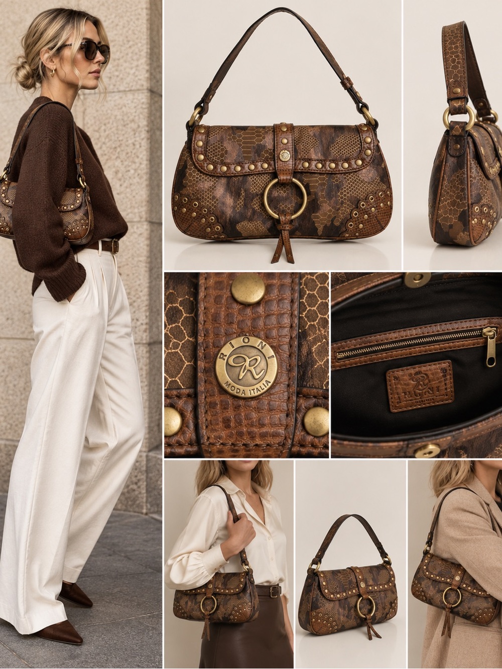 Rioni Moda Italia Brown Camo Shoulder Bag Studded Y2K Boho Baguette Purse